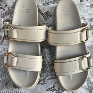A New Day Beige Slide Sandals with Gold Buckles